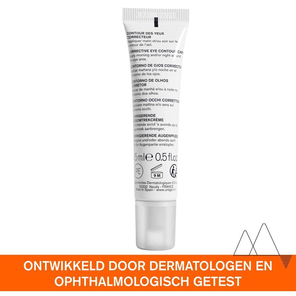 Achterkant van de Uriage Dépiderm oogcontourverzorging tube. Meertalige tekst. 15ml, 0,5 fl.oz.