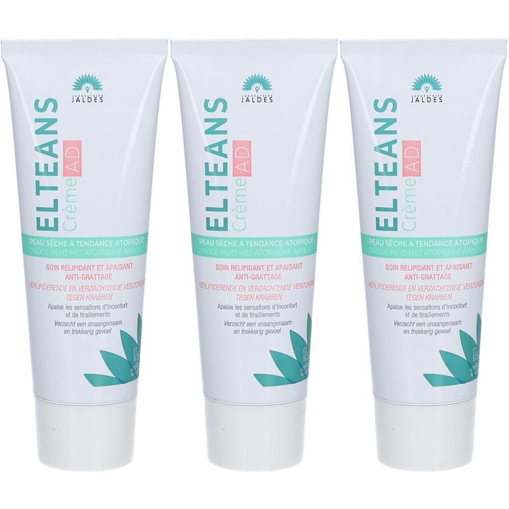 Trois tubes de crème. Chaque tube porte l'inscription "ELTEANS Crème AD" et "JALDES". Les tubes sont blancs avec des inscriptions vertes et roses.