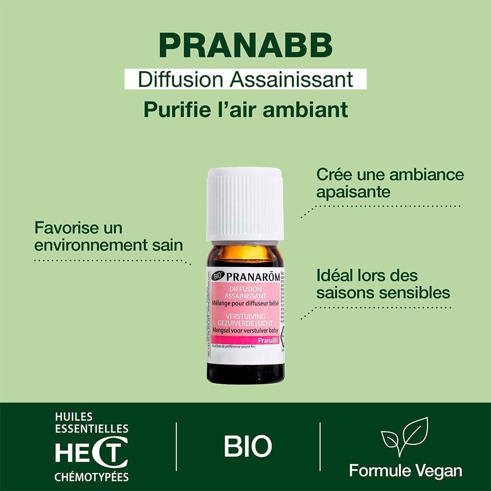 Flacon Pranarôm avec bouchon blanc et étiquette rose. Texte: Diffusion Assainissant, Purifie l'air ambiant. Certification Bio.
