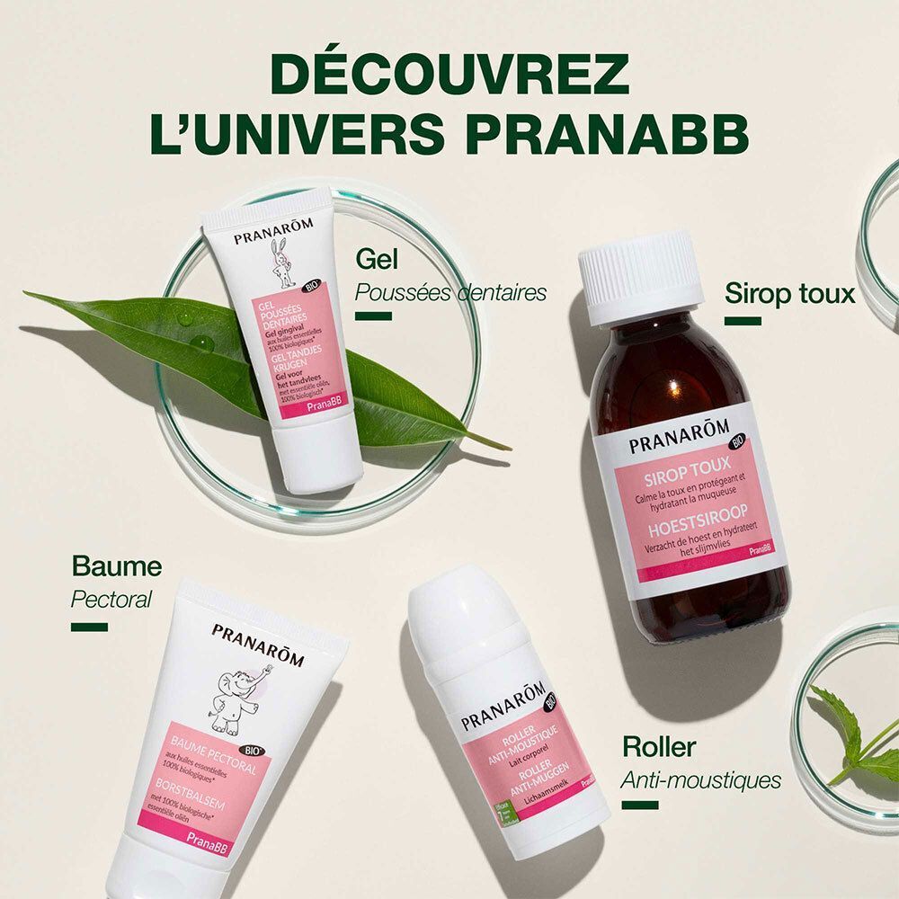 Divers produits Pranarôm: Gel, dentifrice, sirop pour la toux, baume, roller. Avec logo et noms de produits.