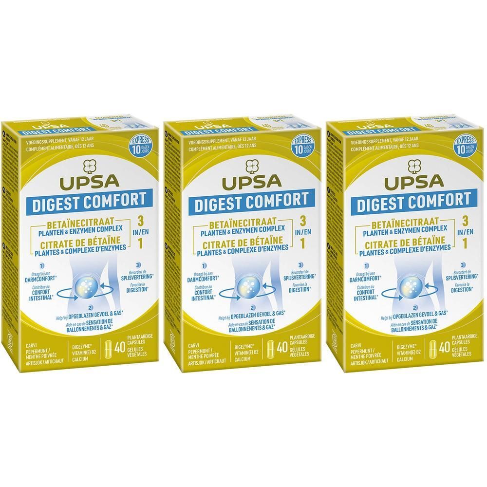 Drie dozen UPSA Digest Comfort. Gele verpakking met productnaam en informatie. Bevat 40 tabletten.