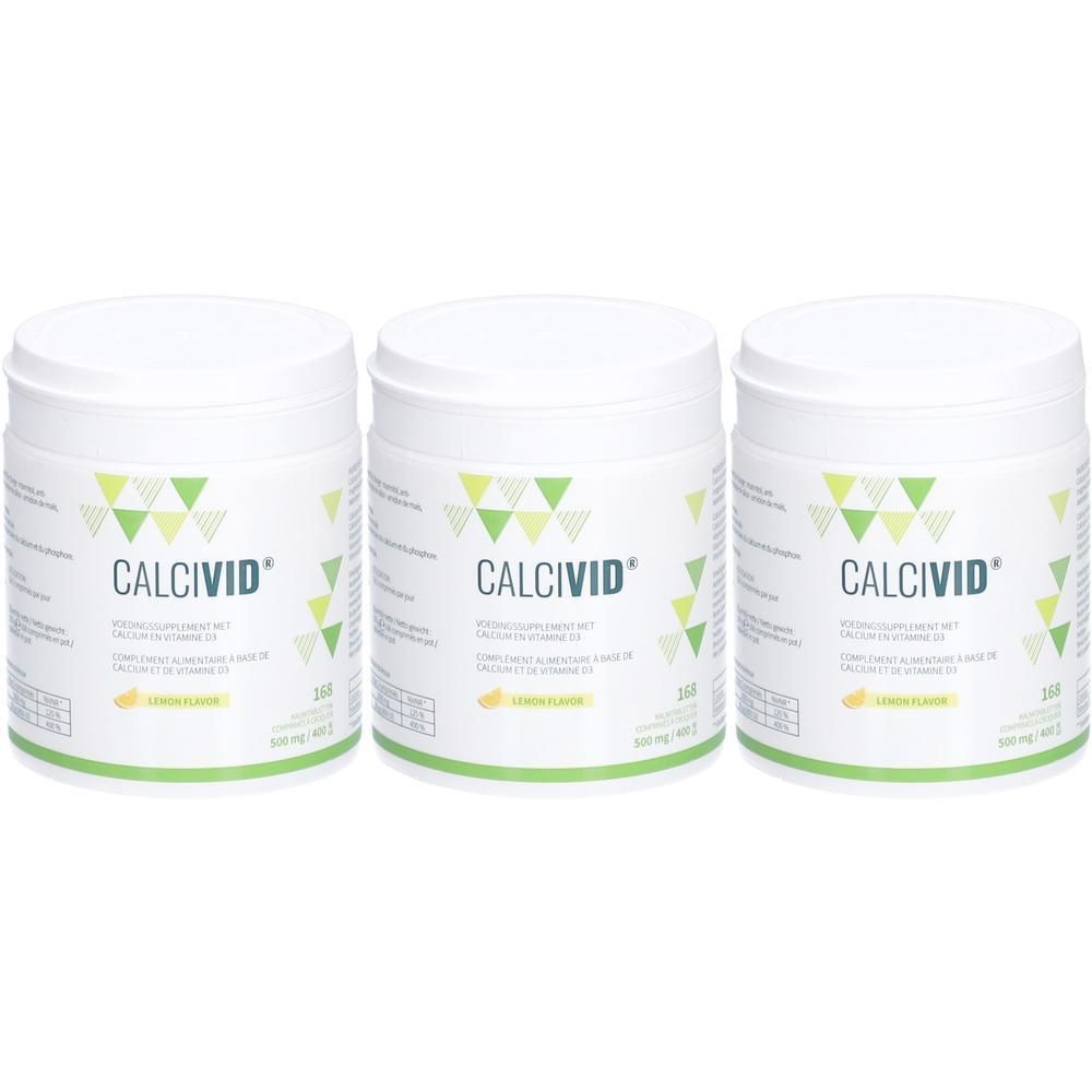 Drie witte potten met CALCIVID. Opschrift: Vitaminesupplement met calcium en vitamine D3. Citroensmaak.