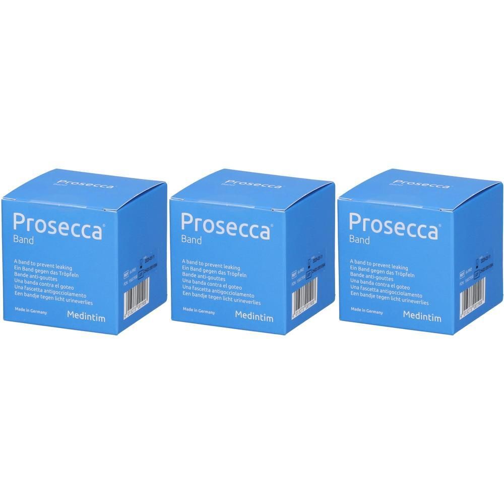 Drie blauwe vierkante dozen met "Prosecca Band". Meertalige opschriften. Merk: Medintim.