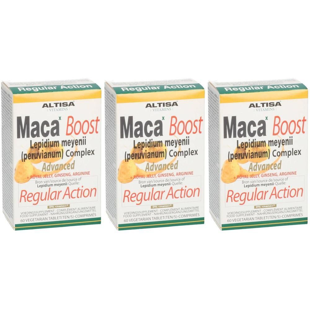 Drie dozen Altisa Maca Boost. Opschrift: Maca Boost, Lepidium meyenii Complex, Advanced, Regular Action. Witte verpakking met gele en rode accenten.
