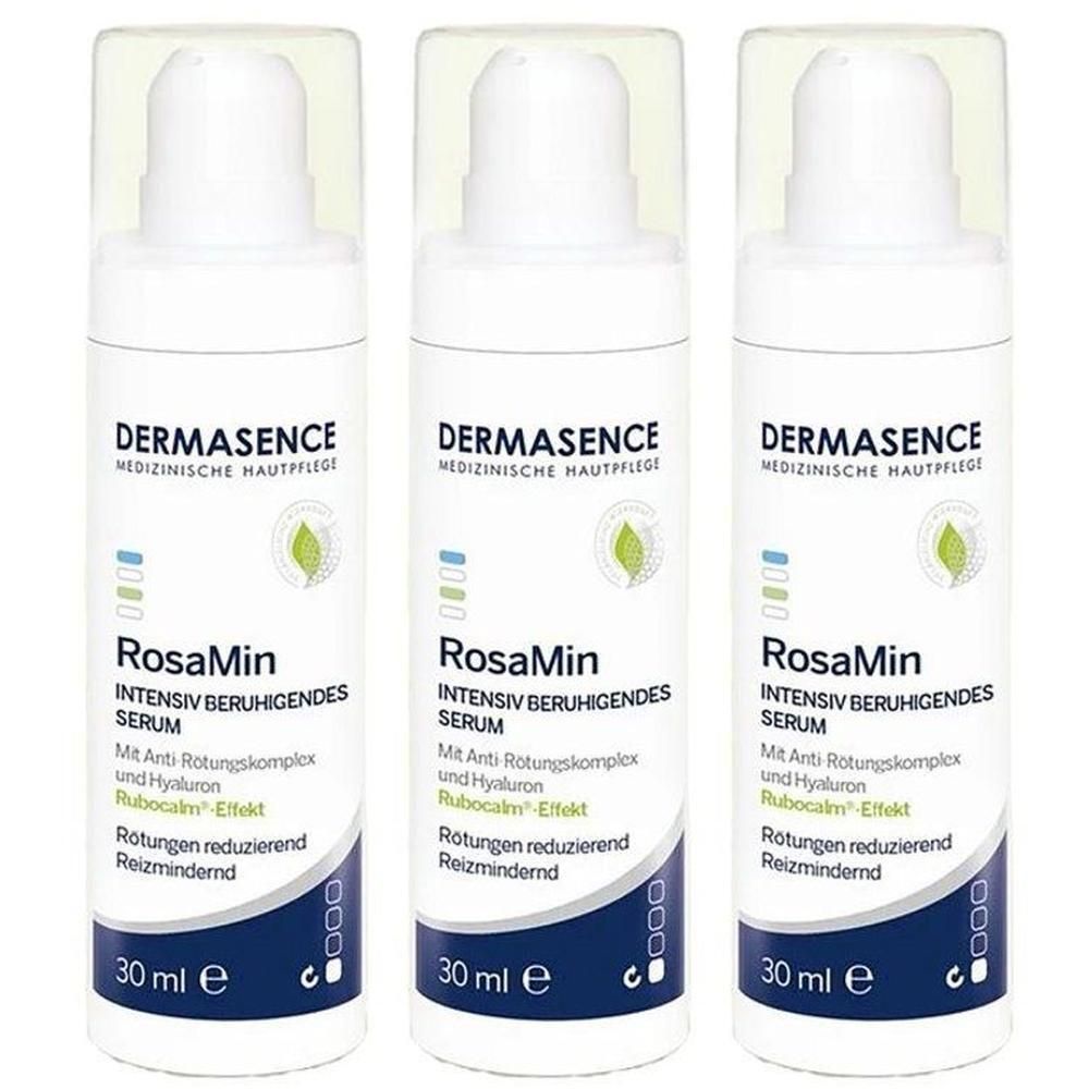 Drie flacons Dermasence RosaMin Intensief Kalmerend Serum, elk 30 ml.
