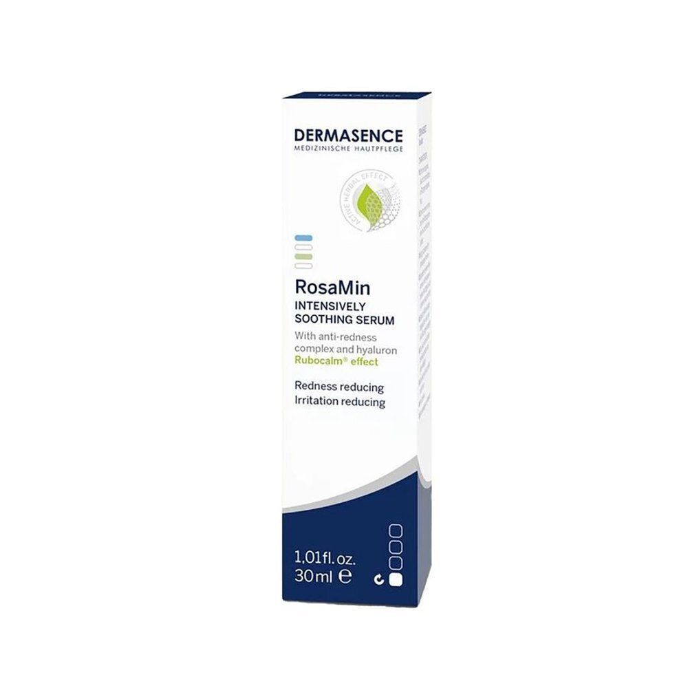 Un flacon de Dermasence RosaMin Sérum Intensément Apaisant en boîte, 30 ml.