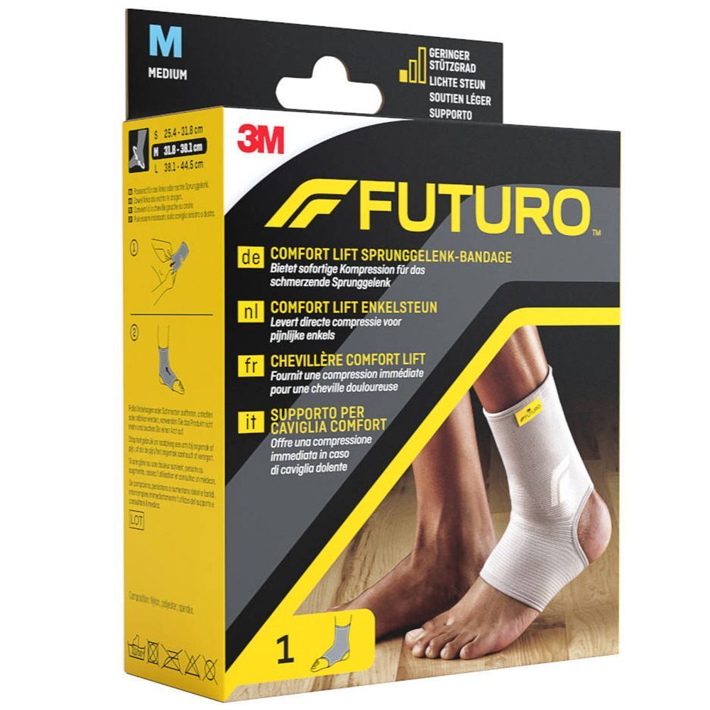 FUTURO™ Chevillère Comfort Lift in verpakking. Toont enkelbrace. Maat M. Tekst: Comfort Lift Enkelsteun.