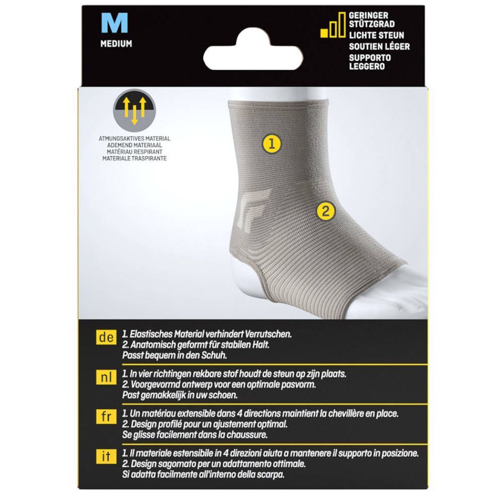 Enkelbrace FUTURO™ Chevillère Comfort Lift. Beige. Anatomisch ontwerp. Ademend materiaal. Tekst in het Duits, Frans, Italiaans.