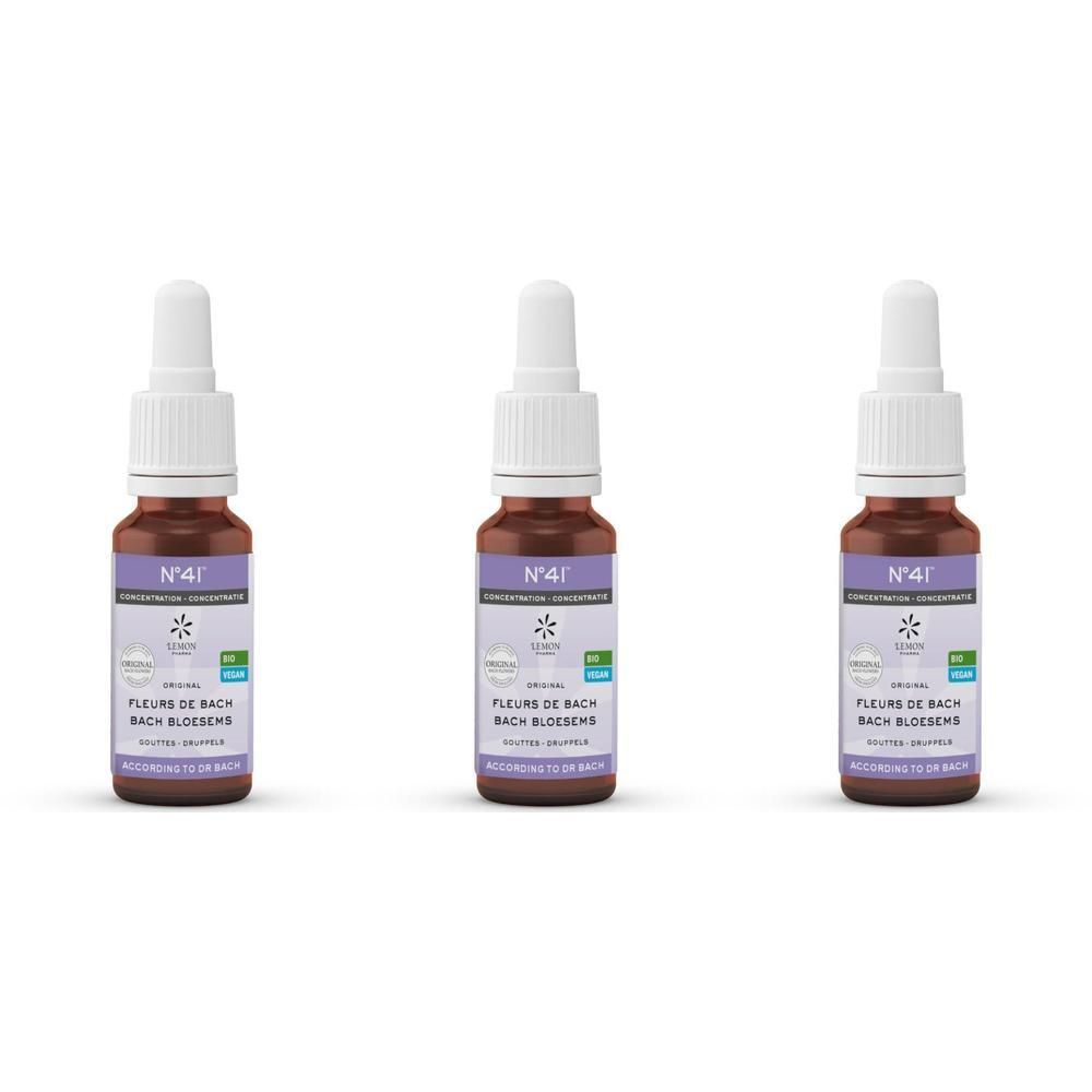 Trois flacons avec compte-gouttes. Inscription : N°41, Fleurs de Bach. Certification bio.