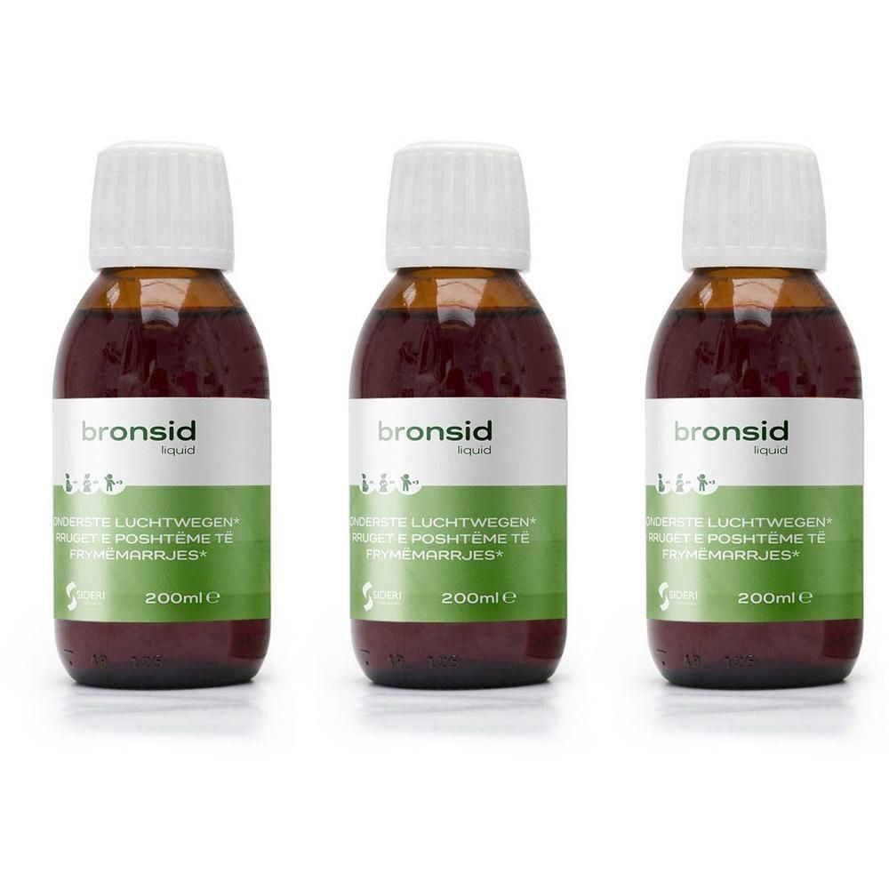 Trois flacons de Bronsid Liquid. Liquide brun dans des flacons en verre avec bouchon blanc et étiquette.