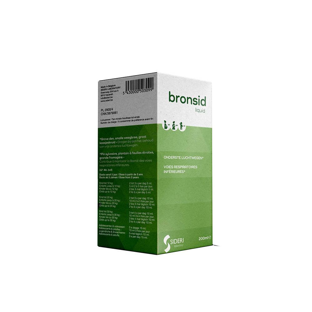 Kartonnen verpakking van Bronsid Liquid. Wit, groen en grijs met productnaam en tekst.