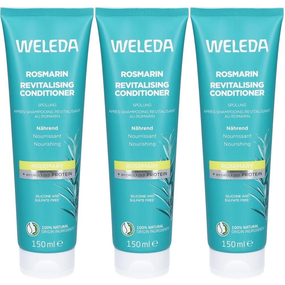 Trois tubes de Weleda Rosmarin Revitalising Conditioner. Design turquoise et blanc. Texte : Nährend, Nourrissant, Nourishing, 150ml.
