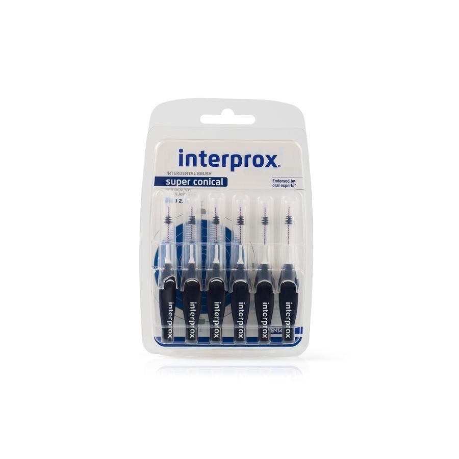 Emballage de six brossettes Interprox® Super Conical. Manches noirs, protections transparentes. Marque Interprox® visible.