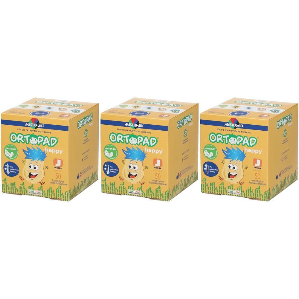 Trois boîtes carrées. Impression : ORTOPAD happy, illustration d'un visage souriant. 50 pièces. Emballage jaune.