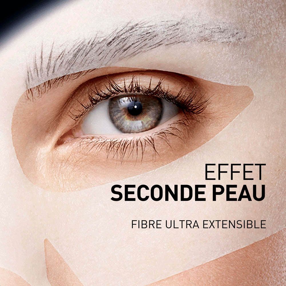 Gros plan sur un œil avec un masque pour les yeux. Texte: Effet Seconde Peau, Fibre Ultra Extensible.