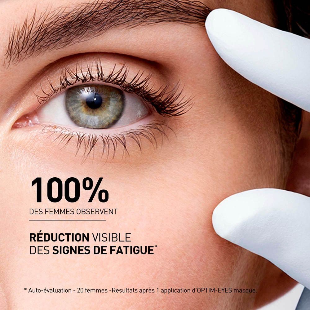 Gros plan sur un œil avec des mains. Texte: 100% des femmes observent, Réduction visible des signes de fatigue.