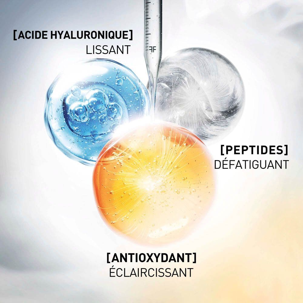 Illustration de trois sphères: Acide hyaluronique, peptides et antioxydant. Textes: Lissant, Défatigant, Éclaircissant.