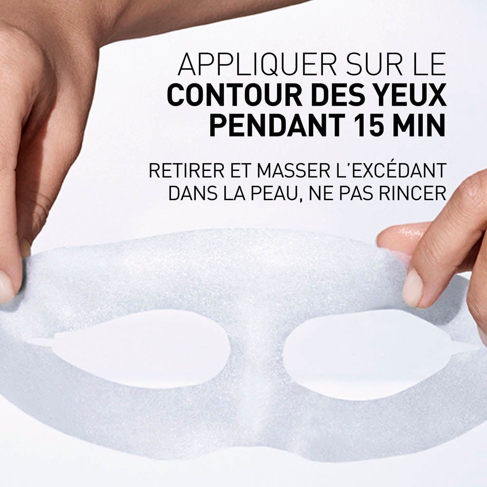 Mains tenant un masque pour les yeux. Texte: Appliquer sur le contour des yeux pendant 15 min. Retirer et masser l'excédant dans la peau.