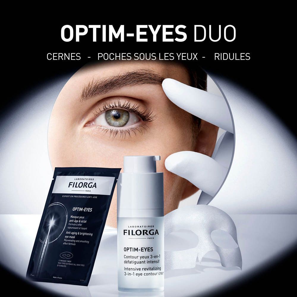 Image produit: Filorga OPTIM-EYES Duo. Contient masque et crème pour les yeux. Texte: Cernes, Poches sous les yeux, Ridules.