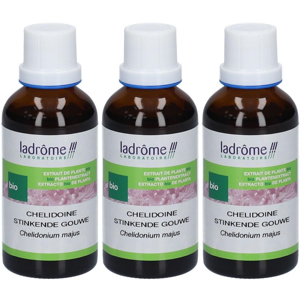 Trois flacons en verre brun avec bouchons blancs. Étiquettes avec texte : Ladrôme, Extrait de Plante, Chelidoine, Stinkende Gouwe, Chelidonium majus.