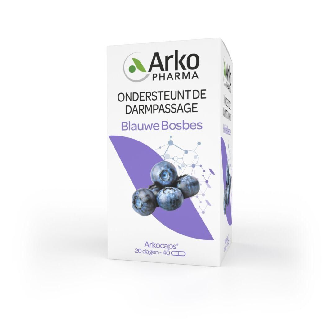 Doos Arkocaps Blaue Bosbes. Tekst: Ondersteunt de darmpassage. Illustratie van bosbessen.