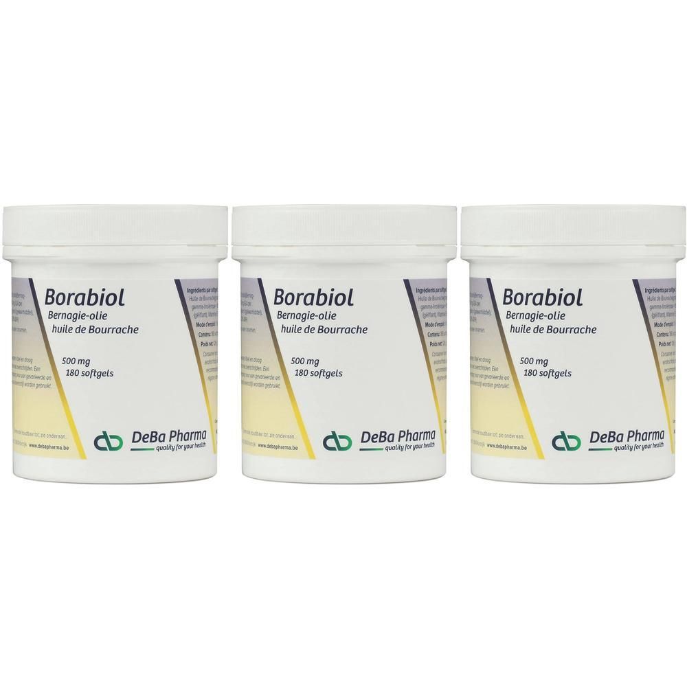 Trois pots blancs avec le nom Borabiol. Inscription : 500 mg, 180 gélules. Logo DeBa Pharma.
