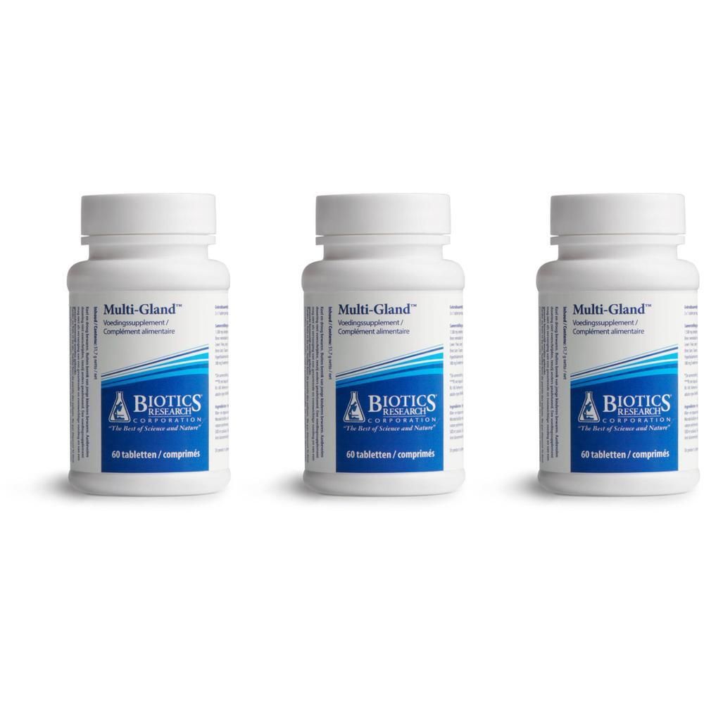 Drie witte flessen met het label "Multi-Gland". Het logo van BIOTICS RESEARCH is zichtbaar. Opschrift: 60 tabletten / comprimés.