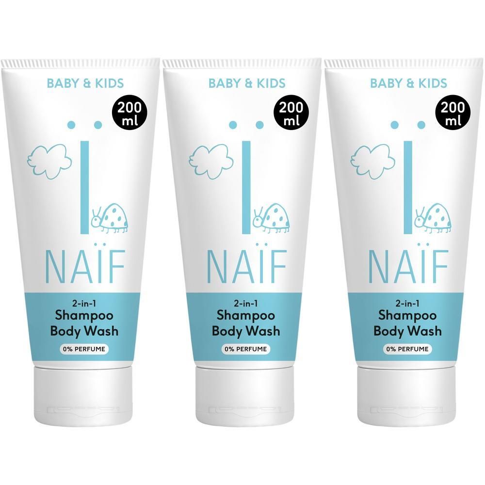 Drie tubes NAÏF Kids 2-in-1 Shampoo & Body Wash. Wit, met blauwe tekst en illustraties.
