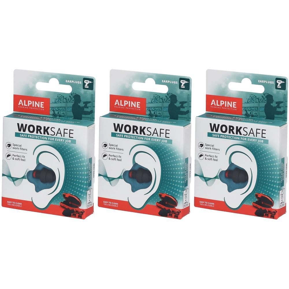Trois boîtes de bouchons d'oreille Alpine Worksafe. Chaque boîte montre des bouchons dans une oreille. Texte: Worksafe, Alpine.