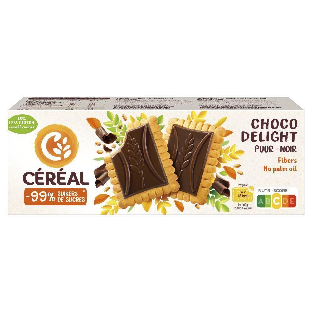 Boîte de biscuits Céréal Choco Delight Noir. Inscription : -99% de sucres, Choco Delight, sans huile de palme. Label Nutri-Score.