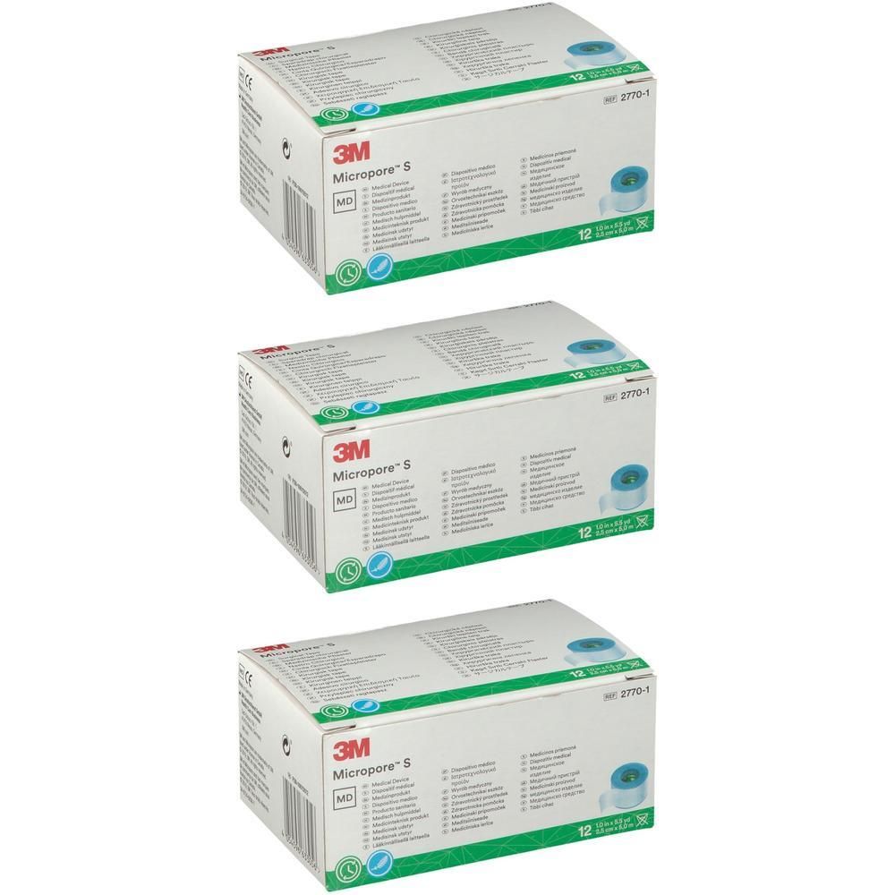 Trois boîtes de 3M Micropore S. Blanches, avec des accents verts. Inscriptions : 3M, Micropore S, MD. Chaque boîte montre un rouleau.