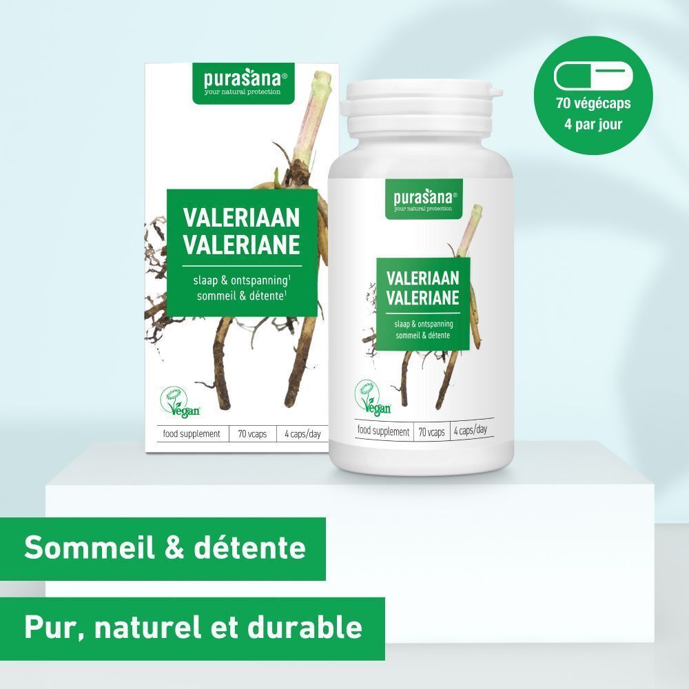 Emballage produit avec flacon et boîte. Inscription: Valériane, logo vegan. Design vert et blanc.