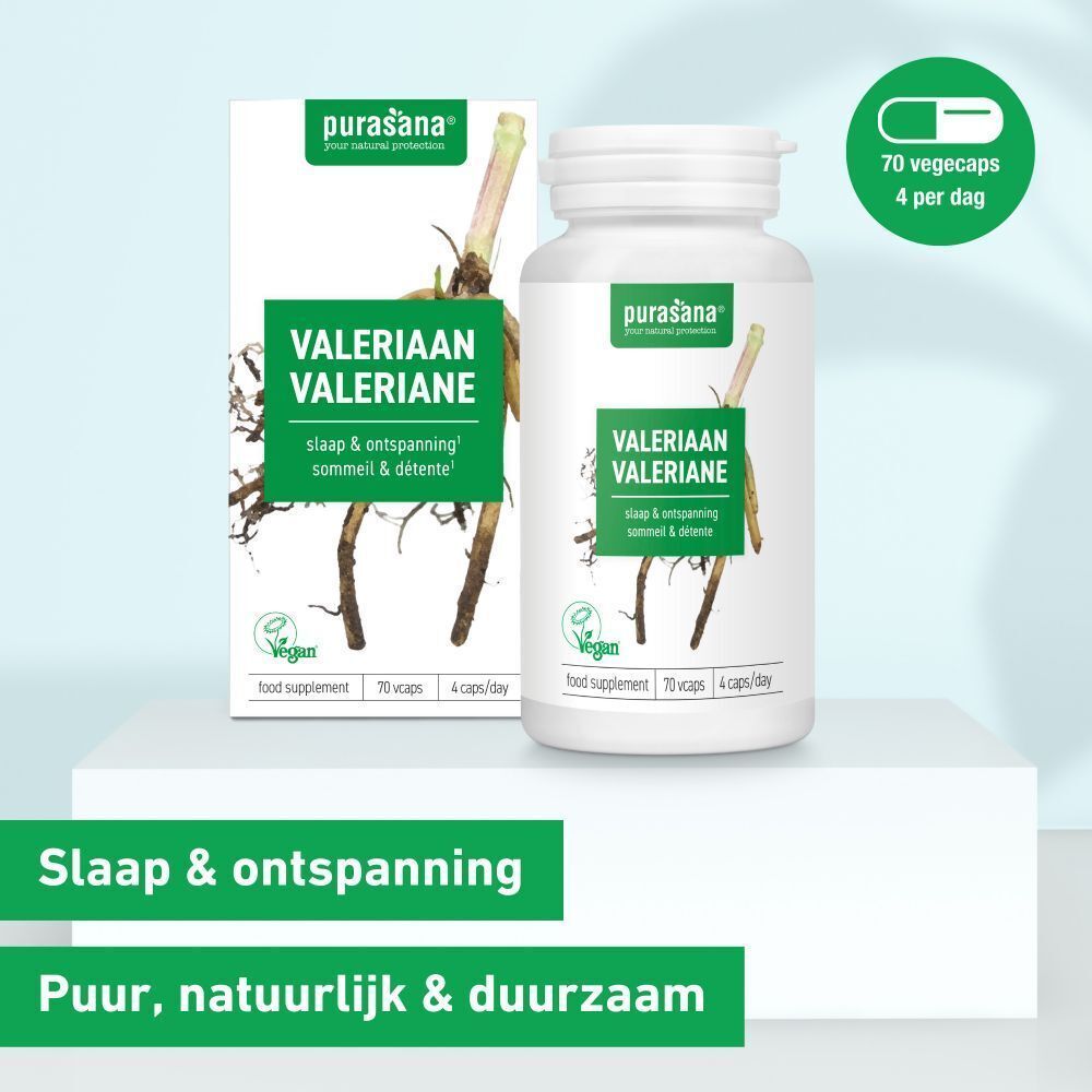 Productverpakking met fles en doos. Opschrift: Valériane, vegan logo. Groen-wit design.