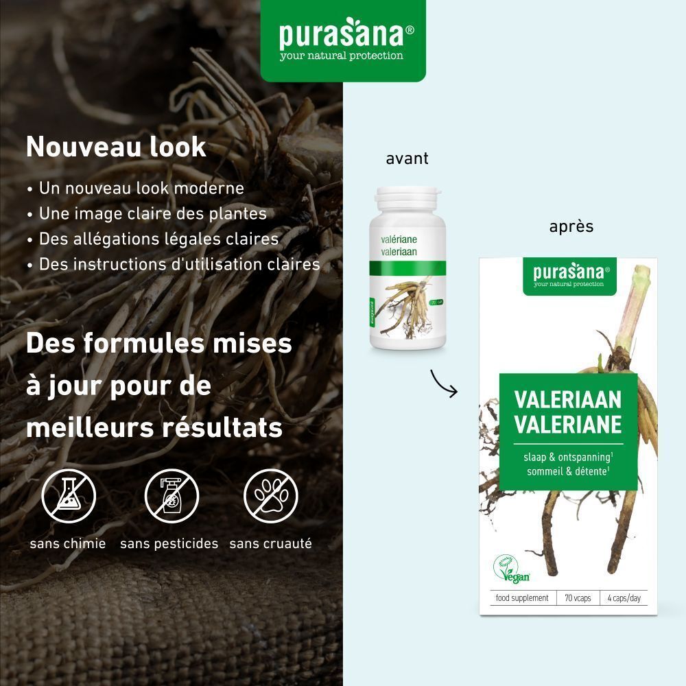 Comparaison ancien et nouvel emballage. Flacon et boîte avec logo Valériane. Design vert et blanc.