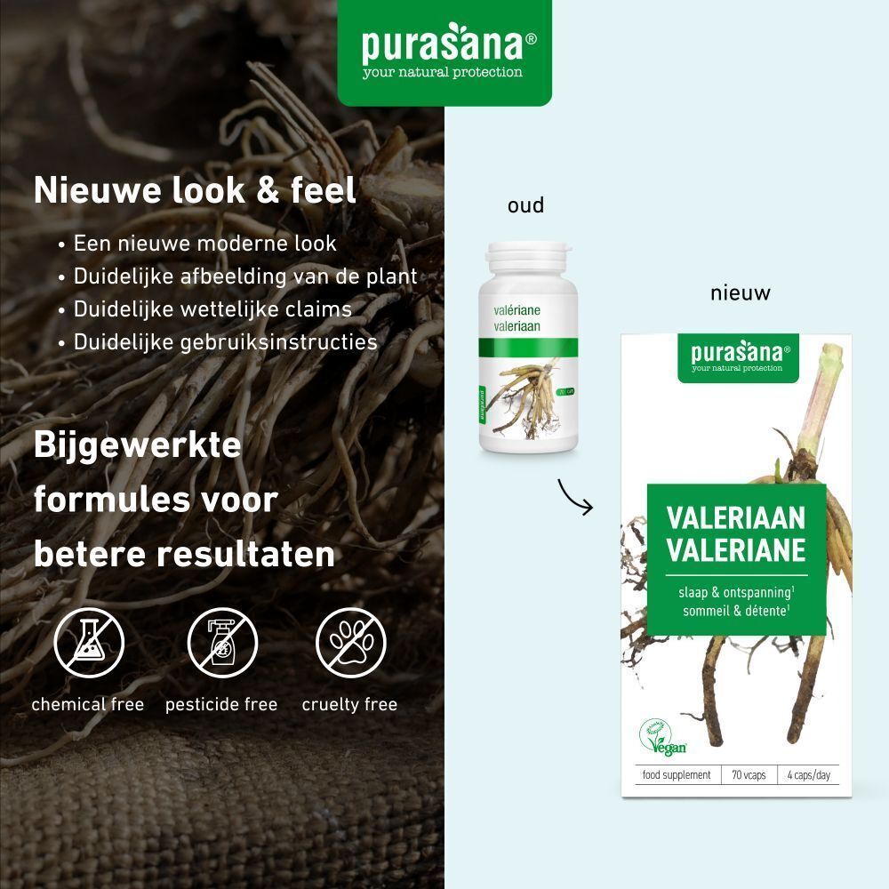 Vergelijking oude en nieuwe verpakking. Fles en doos met Valériane logo. Groen-wit design.