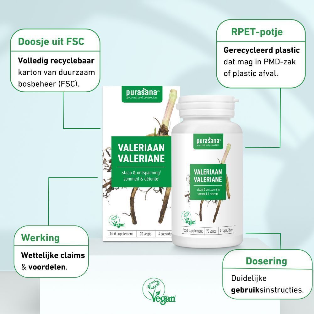 Productverpakking met fles en doos. Opschrift: Valériane, vegan logo. Groen-wit design.