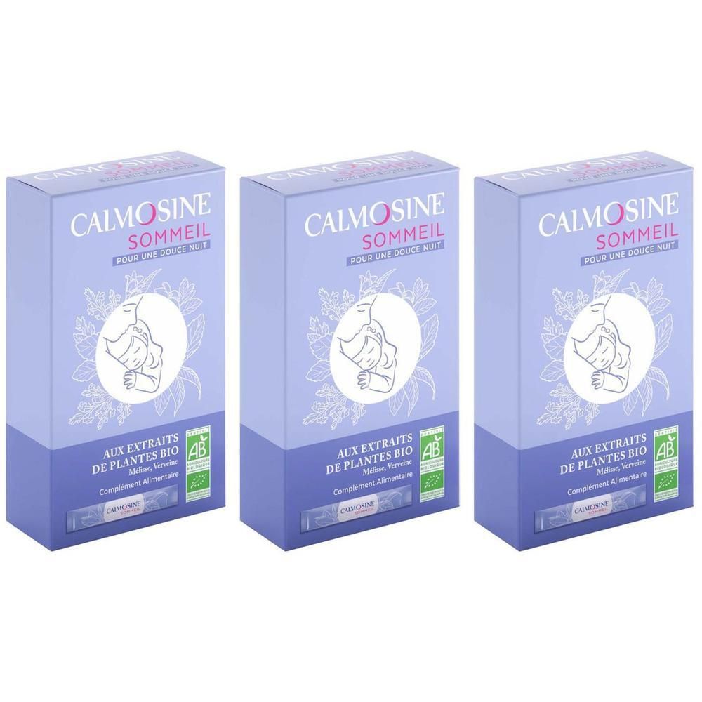 Drie dozen Calmosine Sommeil Bio. Blauwe dozen met productnaam, logo en AB bio-label.