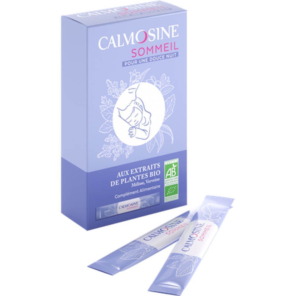 Une boîte Calmosine Sommeil Bio et deux sachets. Boîte bleue avec nom du produit, logo et label AB bio.