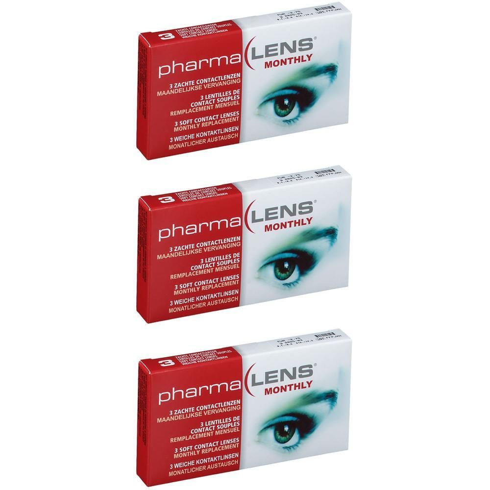Trois boîtes de lentilles de contact. Boîtes rouges et blanches avec des inscriptions. Inscription : Pharma Lens Monthly. Texte en plusieurs langues.