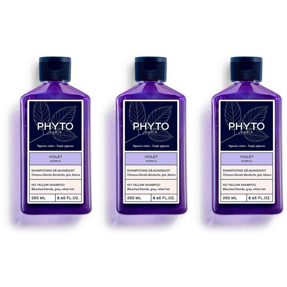 Drie paarse shampoo flessen. Elke fles heeft "PHYTO" en "VIOLET". Tekst: "Shampooing Déjaunissant".