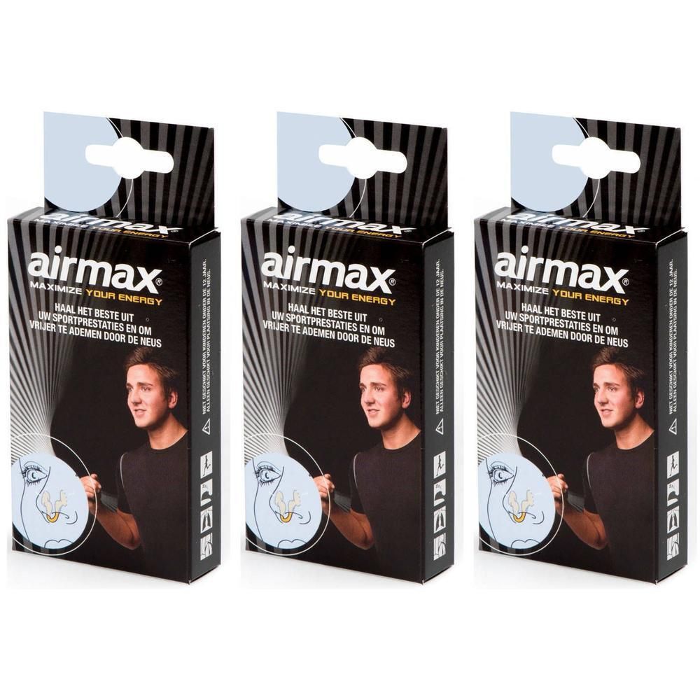 Drie Airmax-verpakkingen. Zwarte dozen met witte hanger. Opschrift: Airmax, man, tekst.