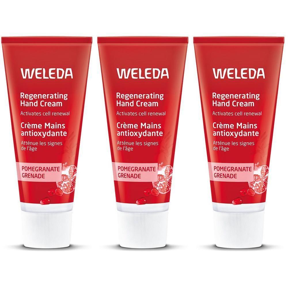 Drie tubes handcrème. Rode tubes met witte tekst. Opschrift: Weleda, Regenerating Hand Cream, Crème Mains antioxydante, Pomegranate.