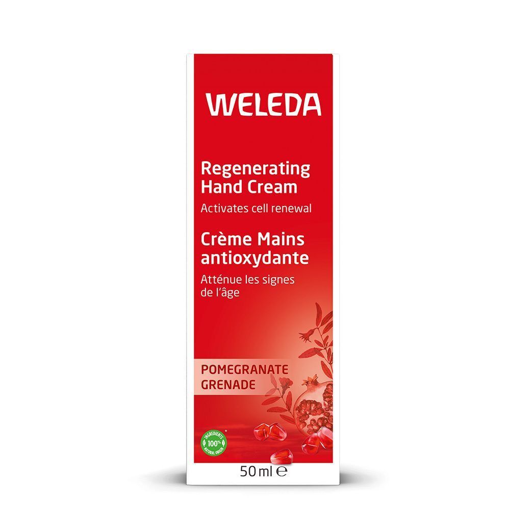 Verpakking van handcrème. Rode doos met witte tekst. Opschrift: Weleda, Regenerating Hand Cream, Crème Mains antioxydante, Pomegranate.