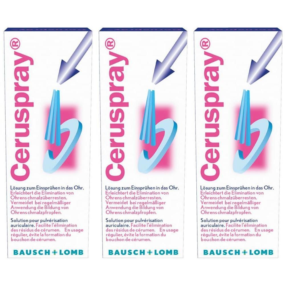 Trois boîtes de Ceruspray. Emballage blanc avec design bleu et rose. Texte: Ceruspray, Bausch + Lomb.