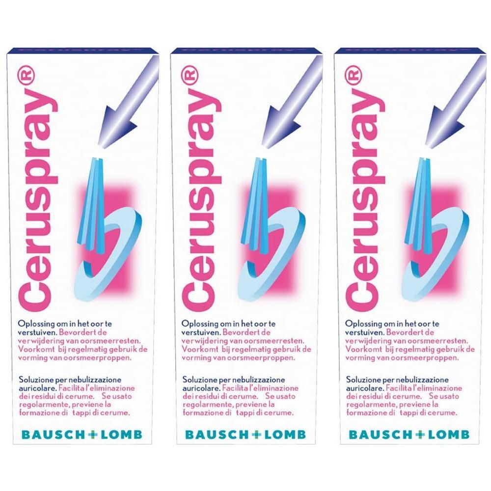 Drie verpakkingen Ceruspray. Witte verpakking met blauw en roze design. Tekst: Ceruspray, Bausch + Lomb.