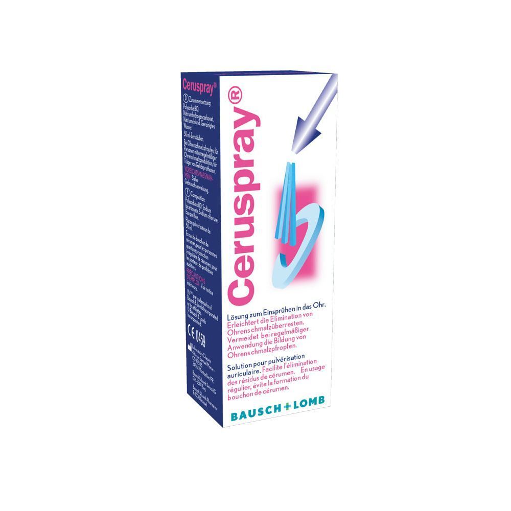 Boîte de Ceruspray. Boîte blanche avec design bleu et rose. Texte: Ceruspray, Bausch + Lomb. Marquage CE.
