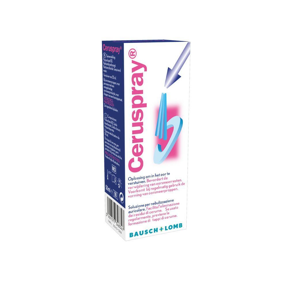 Verpakking van Ceruspray. Witte doos met blauw en roze design. Tekst: Ceruspray, Bausch + Lomb. CE-markering.