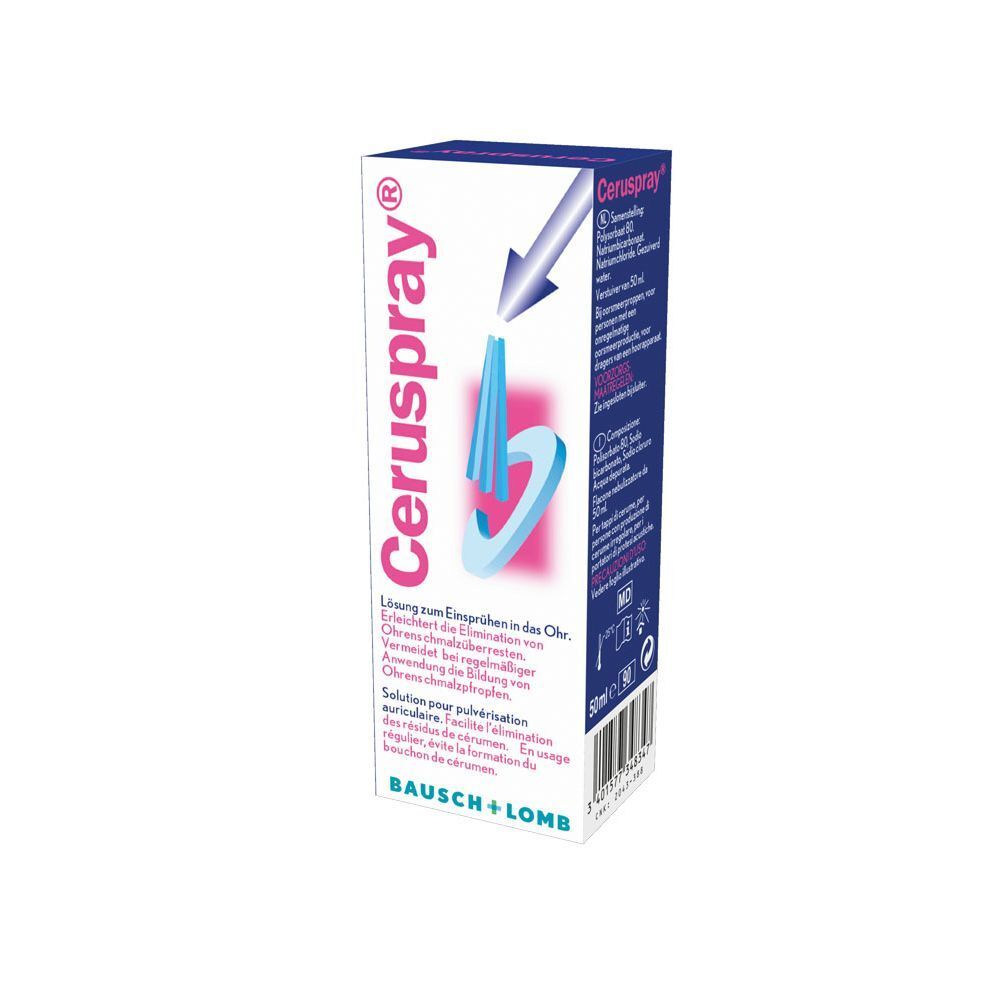 Boîte de Ceruspray. Boîte blanche avec design bleu et rose. Texte: Ceruspray, Bausch + Lomb. 50 ml.