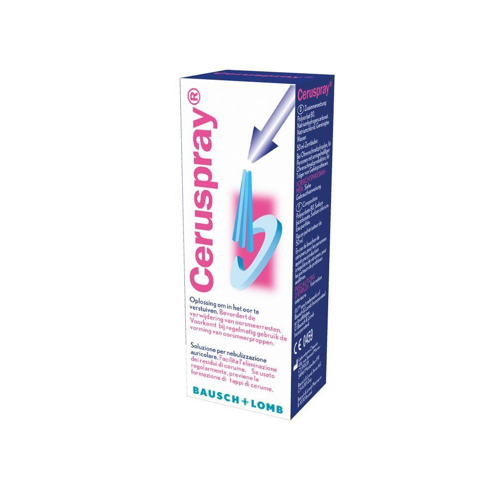 Verpakking van Ceruspray. Witte doos met blauw en roze design. Tekst: Ceruspray, Bausch + Lomb. 50 ml.