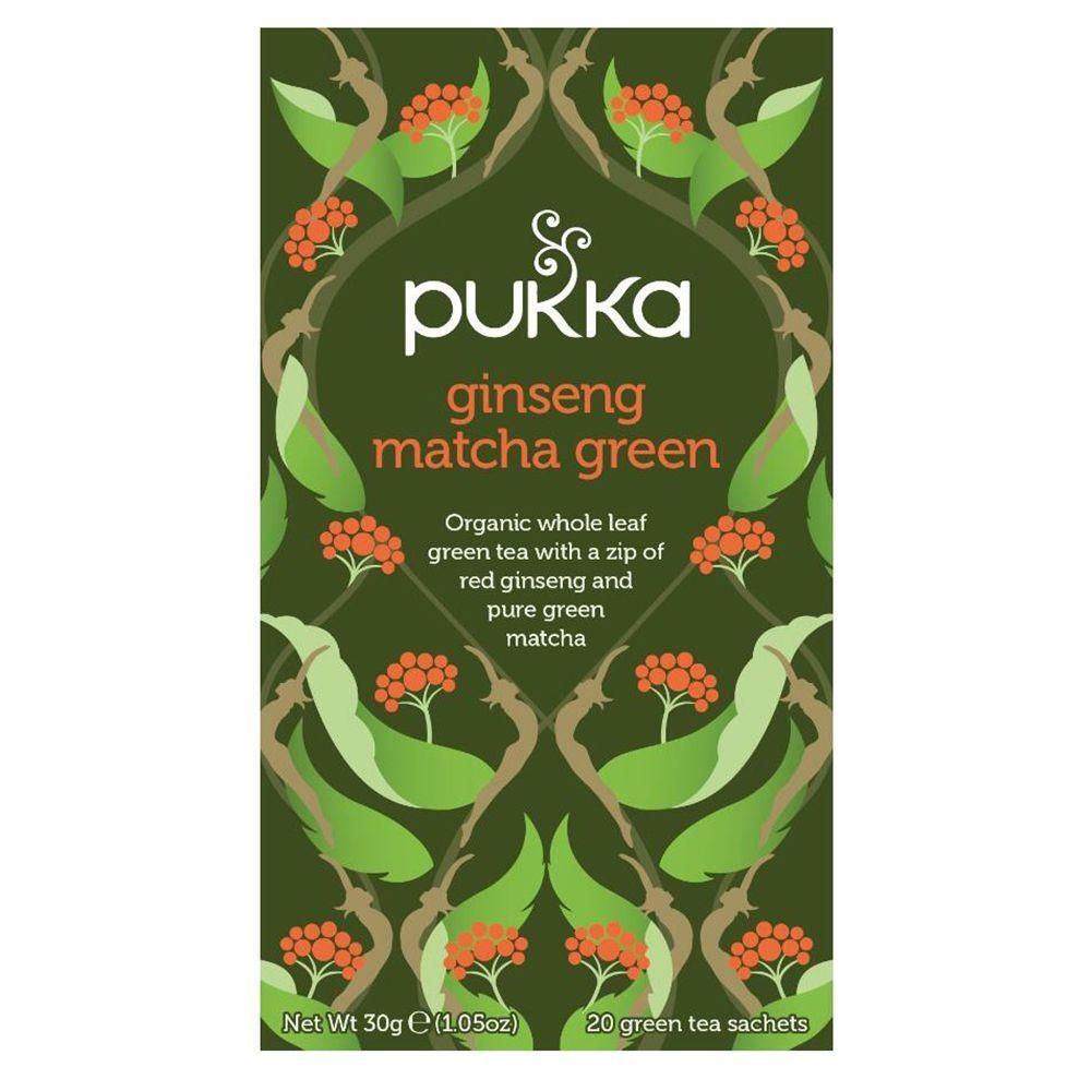 Verpakking van Pukka Ginseng Matcha Green thee. Groen, met bloemmotieven en productnaam. Bevat 20 theezakjes.